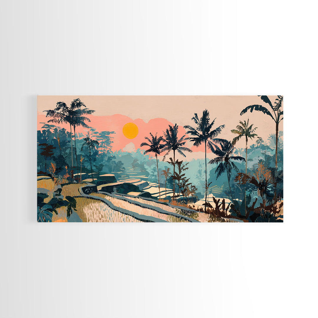 Bali Rice Terraces and Jungle Palms Framed Canvas Print, Travel Poster(2), Wall Hanging, Living Room Decor, Fine Art, Voyage, TPO-2x1-81