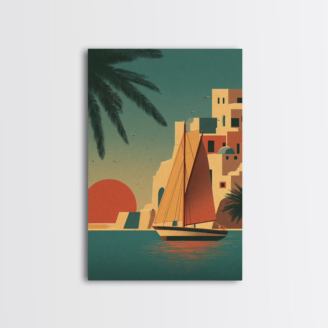 Greek Island Sailboat and Sun Poster Framed Canvas Print, Travel Poster(2), Map Print, Living Room Decor, Fine Art, Voyage, TPO-2x3-24