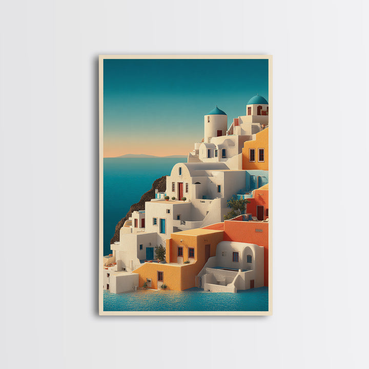 Santorini White Buildings and Cobalt Water Framed Canvas Print, Travel Poster(2), Landscape Art, Living Room Decor, Voyage, TPO-2x3-36
