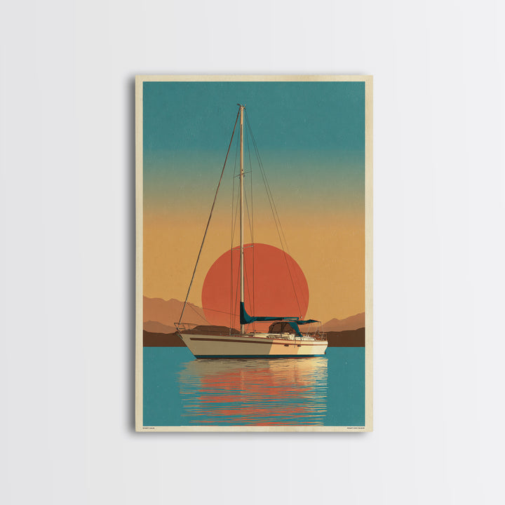 Greek Island Sailboat and Sun Poster Framed Canvas Print, Travel Poster(2), Statement Artwork, Living Room Decor, Voyage, TPO-2x3-48