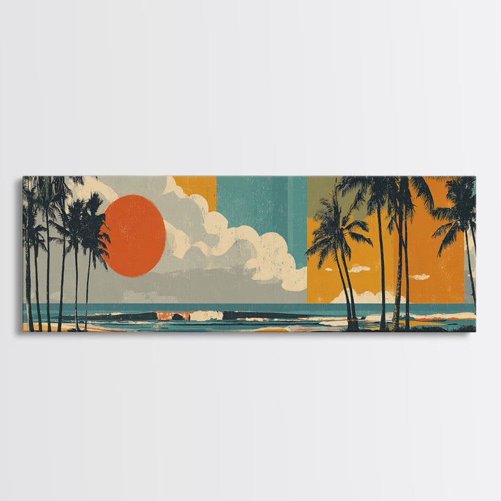 Hawaii Surf and Palm Tree Poster Framed Canvas Print, Travel Poster(2), Living Room Wall Art, Living Room Decor, Voyage, TPO-3x1-1
