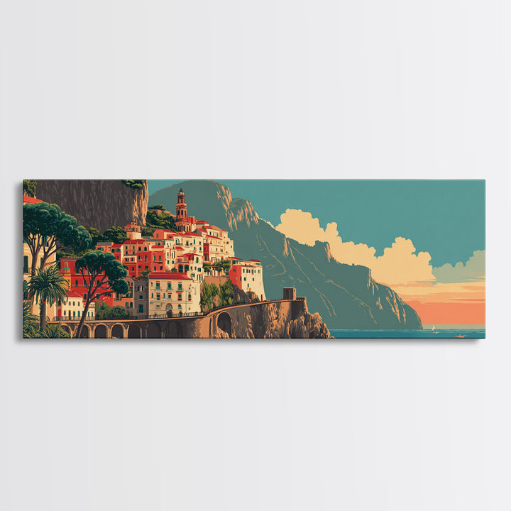 Retro Amalfi Coast Cliffs Framed Canvas Print, Travel Poster(2), Wall Hanging, Living Room Decor, Voyage, Landscape Art, TPO-3x1-18