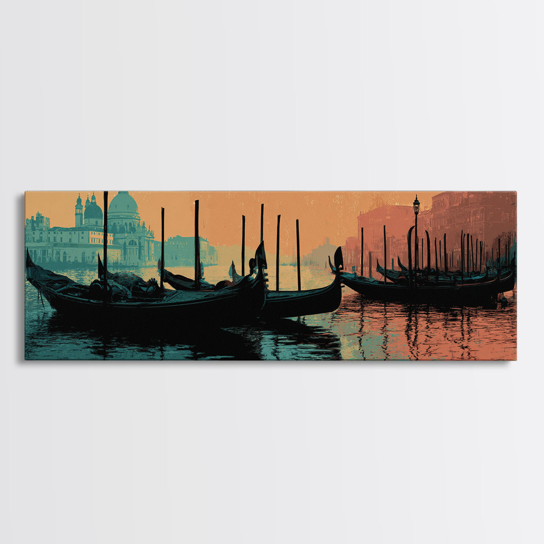 Venice Gondola Silhouette Framed Canvas Print, Travel Poster(2), Landscape Prints, Living Room Decor, Fine Art, Voyage, TPO-3x1-28