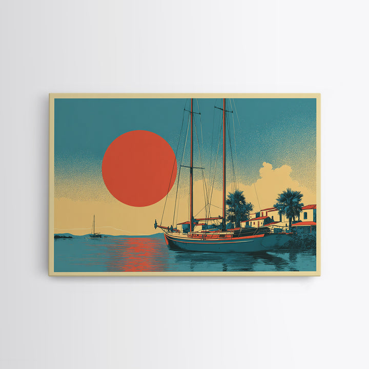 Greek Island Sailboat and Sun Poster Canvas Print, Travel Poster(2), Wall Decor, Living Room Decor, Fine Art, Voyage, TPO-3x2-68