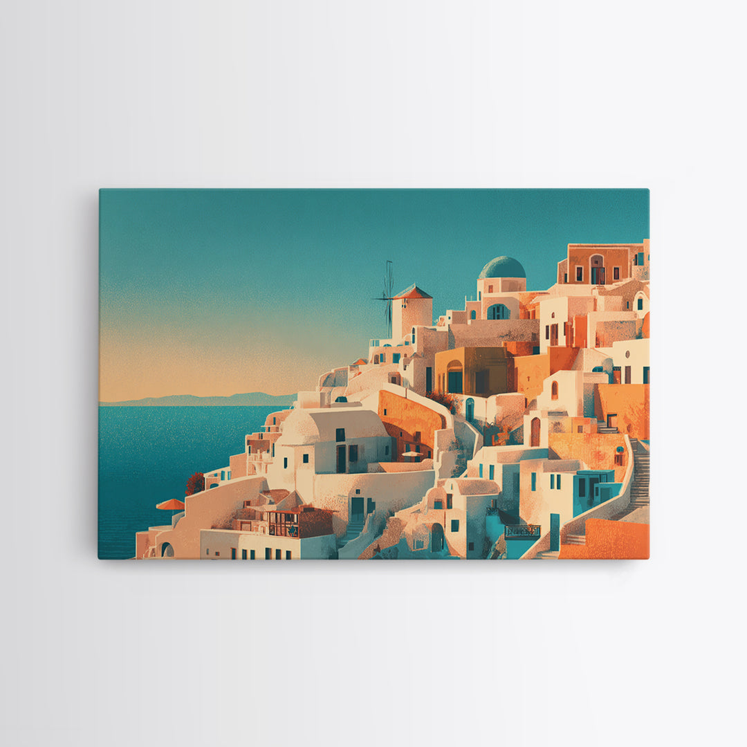Santorini White Buildings and Cobalt Water Framed Canvas Print, Travel Poster(2), Retro Wall Art, Living Room Decor, Voyage, TPO-3x2-8