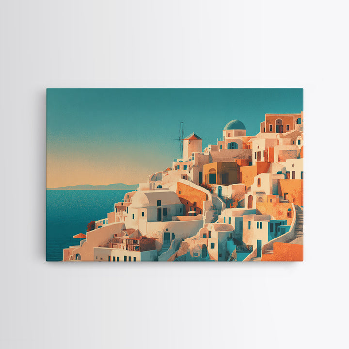 Santorini White Buildings and Cobalt Water Framed Canvas Print, Travel Poster(2), Retro Wall Art, Living Room Decor, Voyage, TPO-3x2-8