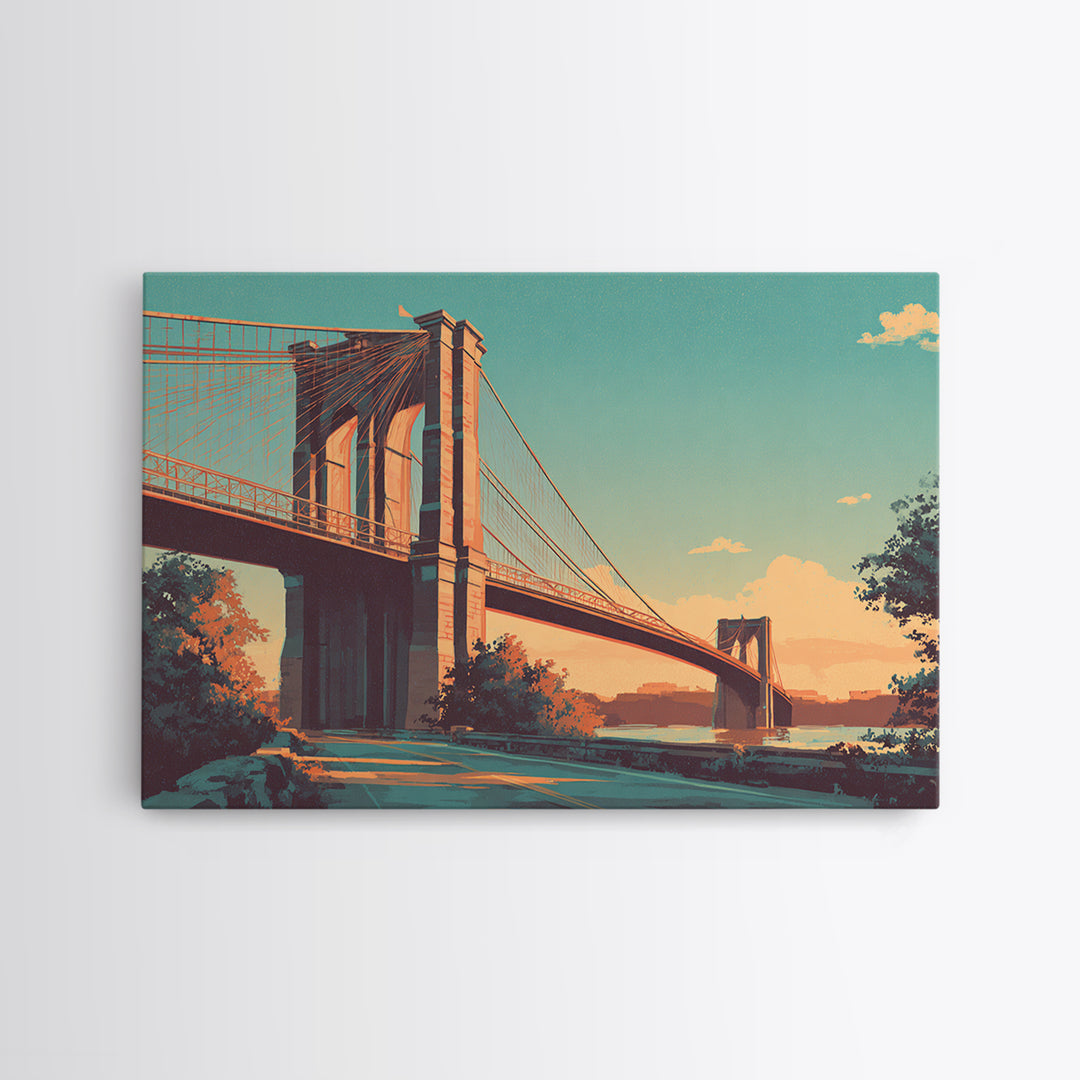 New York Bridge at Sunrise Framed Canvas Print, Travel Poster(2), Digital Download Art, Living Room Decor, Fine Art, Voyage, TPO-3x2-82
