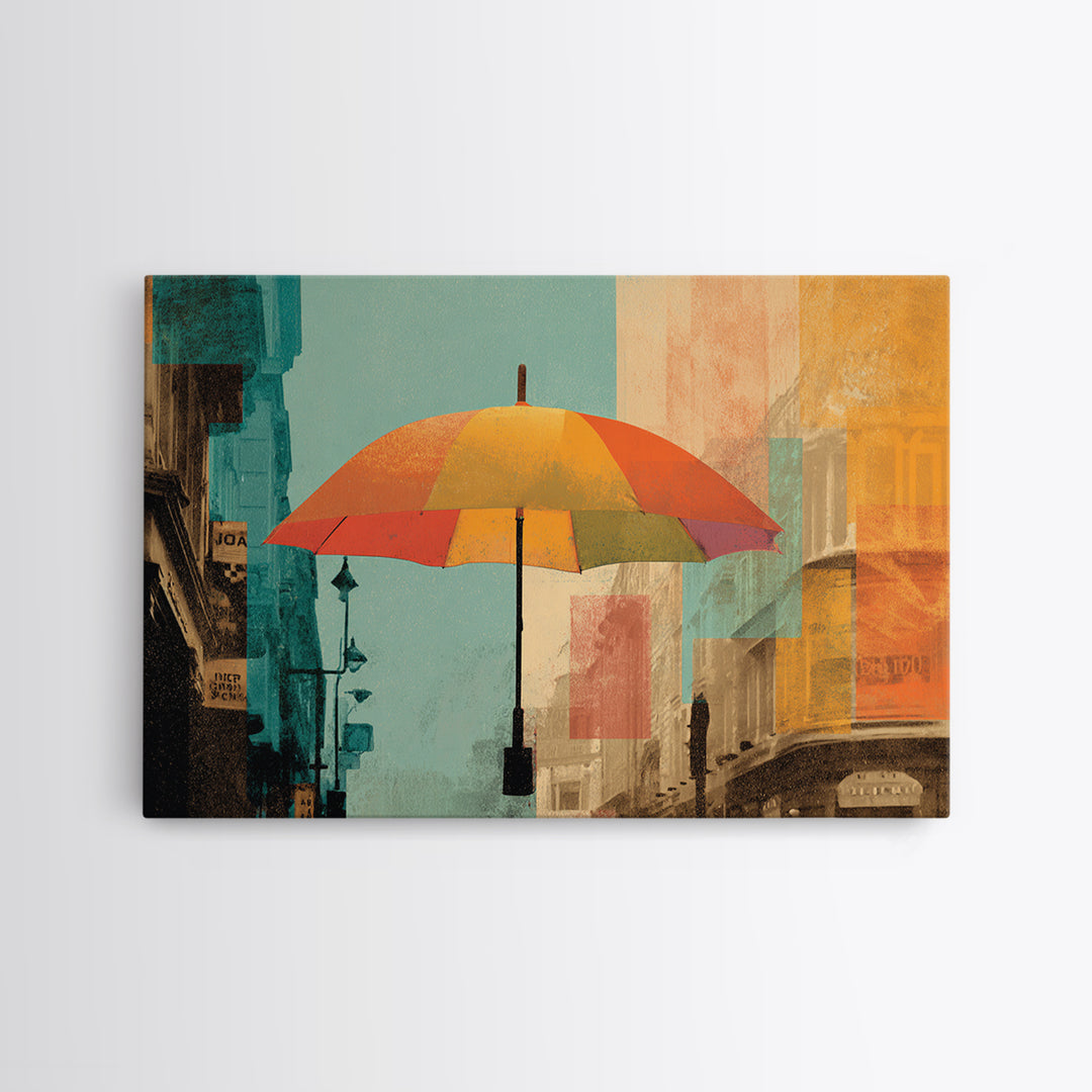 London Rainy Street Umbrella Graphic Framed Canvas Print, Travel Poster(2), Downloadable Prints, Living Room Decor, Voyage, TPO-3x2-86