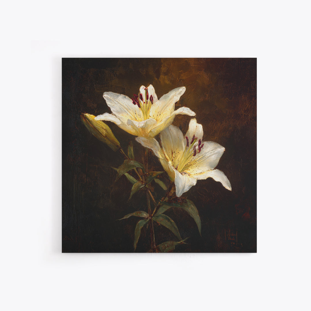 White Lilies on Dark Background Canvas Print, Traditional Art, Digital Print, Living Room Decor, Oil Painting, Classic, TRA-1x1-15