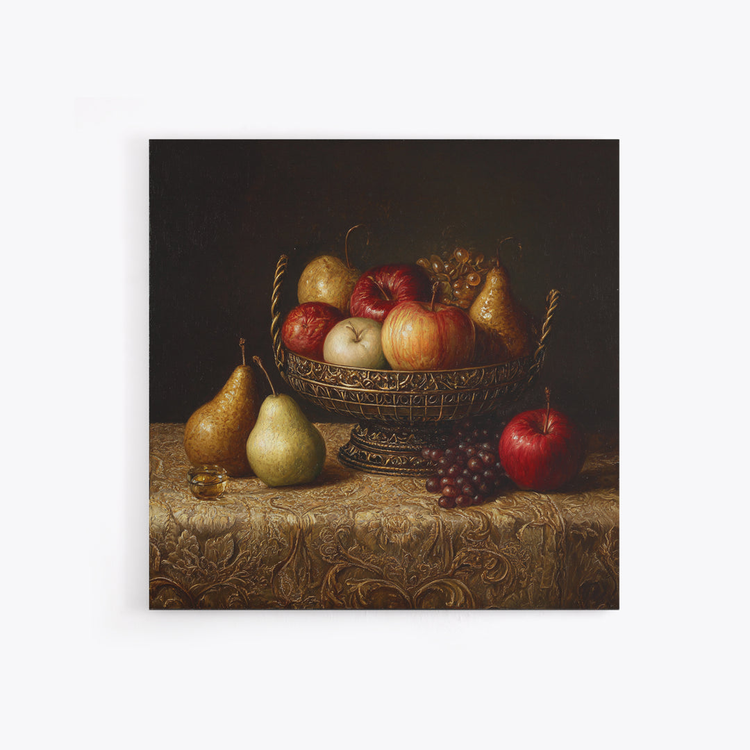 Basket of Apples and Pears on Linen Canvas Print, Traditional Art, Custom Art, Living Room Decor, Abstract Art, Classic, TRA-1x1-18
