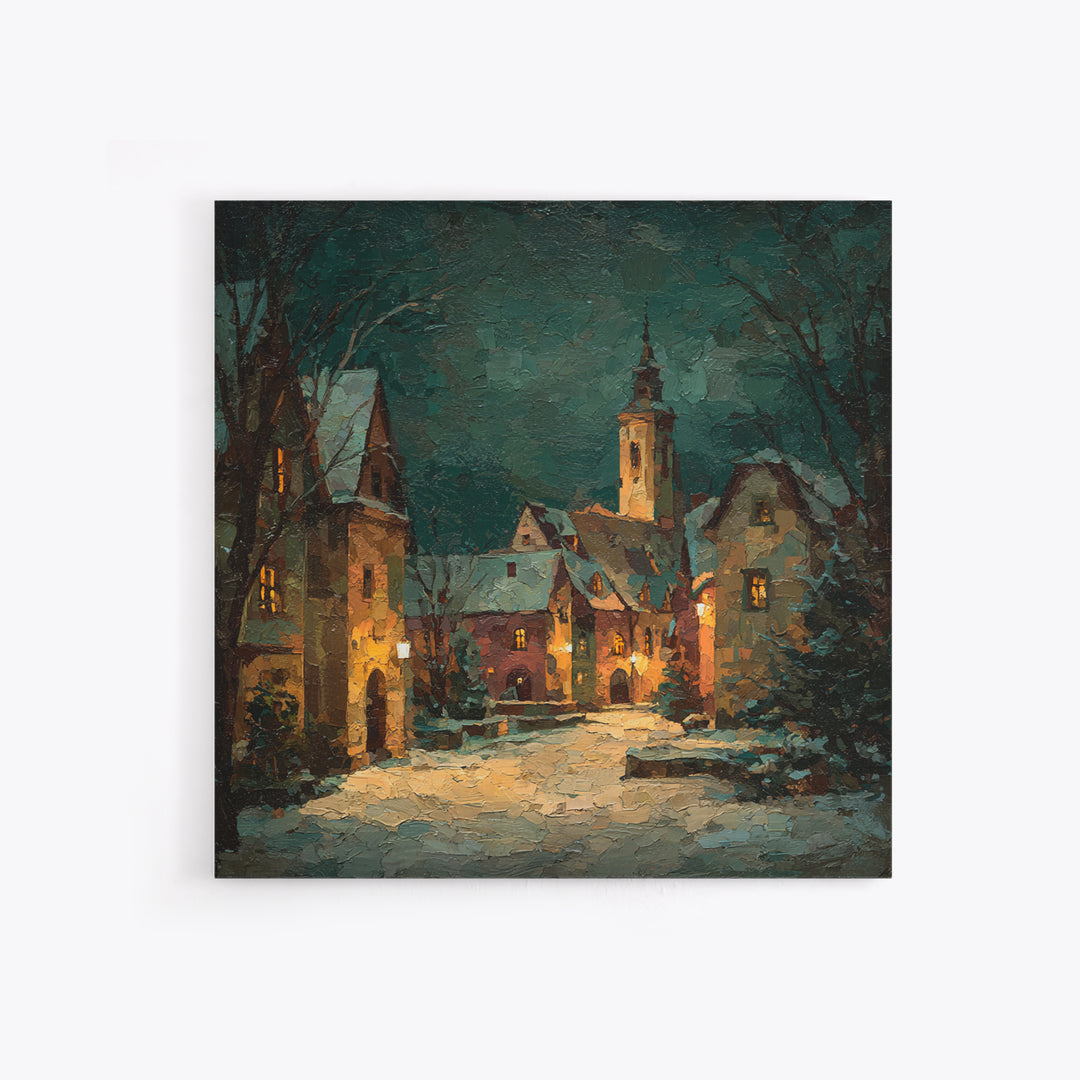 Snowy Village Landscape at Twilight Canvas Print, Traditional Art, Printable Art, Living Room Decor, Watercolor Art, Classic, TRA-1x1-19
