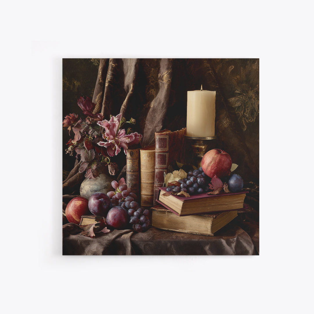Still Life of Books Candle and Fruit Canvas Print, Traditional Art, Painting, Living Room Decor, Classic, Art Commissions, TRA-1x1-20