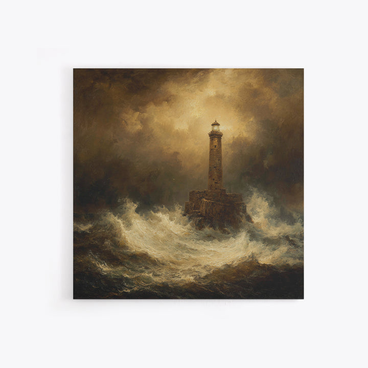 Lighthouse with Crashing Waves Framed Canvas Print, Traditional Art, Neutral Decor, Living Room Decor, Fine Art, Classic, TRA-1x1-21