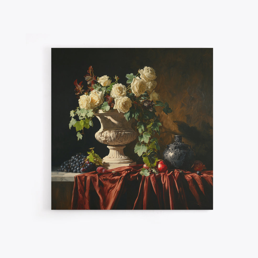 Garden Urn with Roses and Ivy Framed Canvas Print, Traditional Art, Indian Wall Art, Living Room Decor, Watercolor Art, Classic, TRA-1x1-24