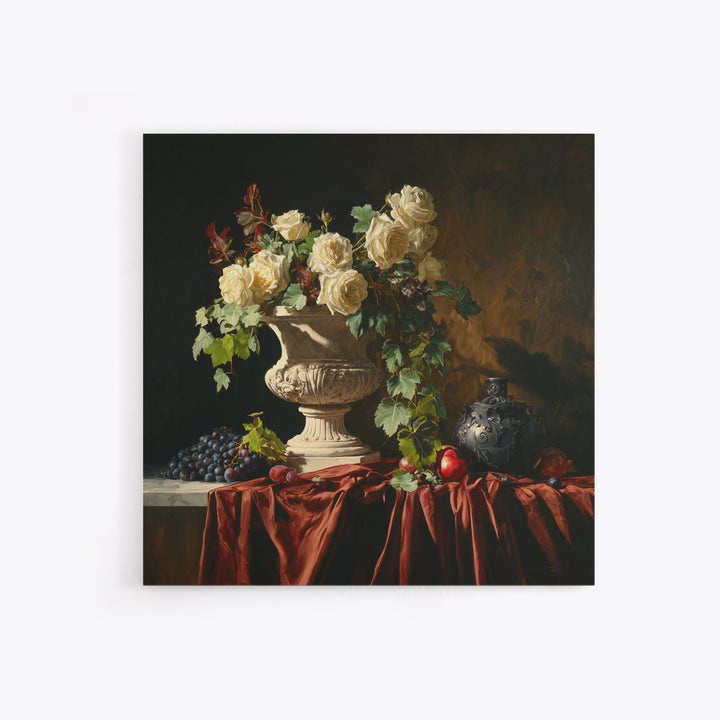 Garden Urn with Roses and Ivy Framed Canvas Print, Traditional Art, Indian Wall Art, Living Room Decor, Watercolor Art, Classic, TRA-1x1-24