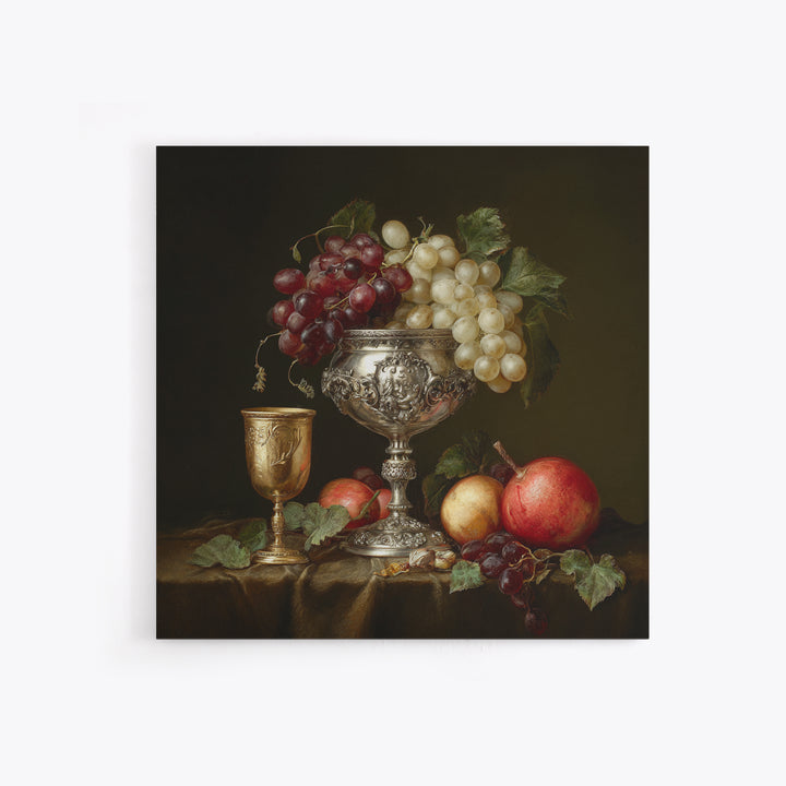 Dutch Fruit and Silver Goblet Still Life Framed Canvas Print, Traditional Art, Living Room Decor, Oil Painting, Classic, TRA-1x1-28