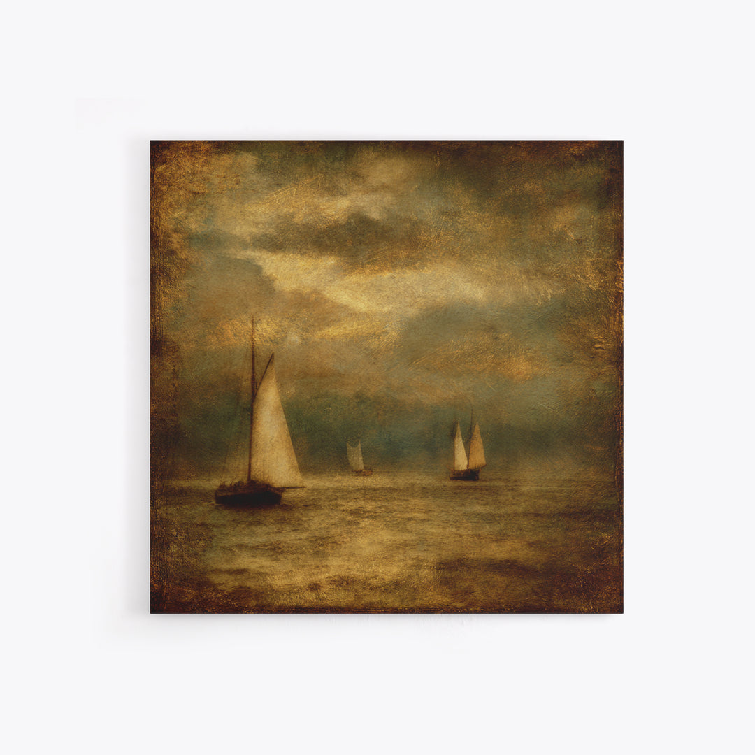 Seascape with Sailboats and Cloudy Sky Framed Canvas Print, Traditional Art, Textured Painting, Living Room Decor, Classic, TRA-1x1-29