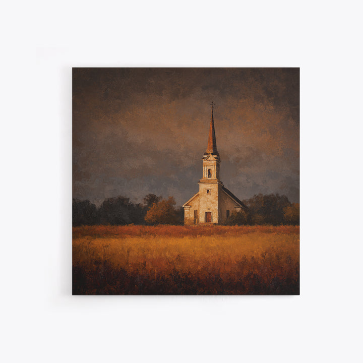 Church Steeple Across Rural Meadow Framed Canvas Print, Traditional Art, Boho Decor, Living Room Decor, Fine Art, Classic, TRA-1x1-37