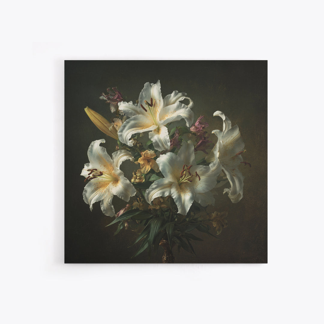 White Lilies on Dark Background Framed Canvas Print, Traditional Art, Custom Art, Living Room Decor, Fine Art, Classic, TRA-1x1-39