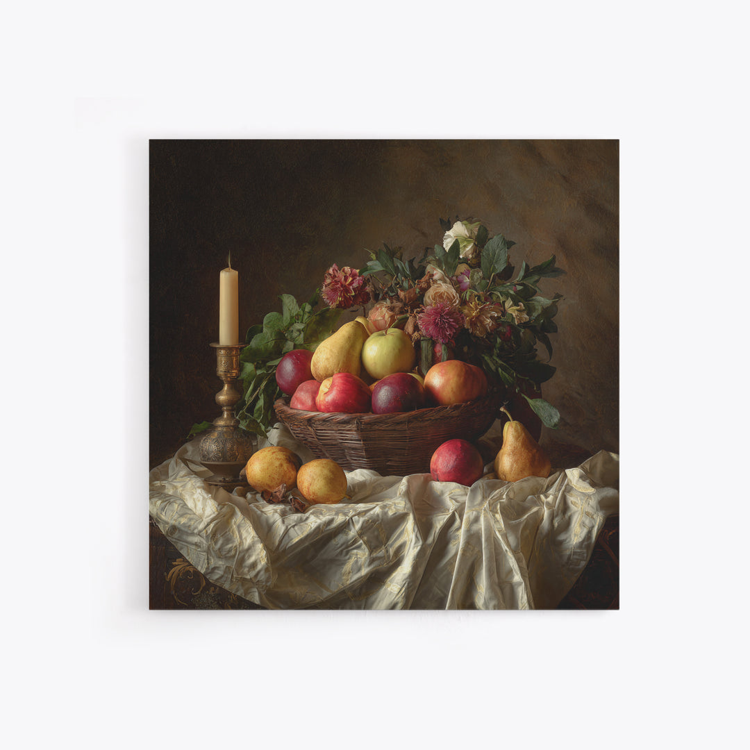 Basket of Apples and Pears on Linen Framed Canvas Print, Traditional Art, Landscape, Living Room Decor, Fine Art, Classic, TRA-1x1-42