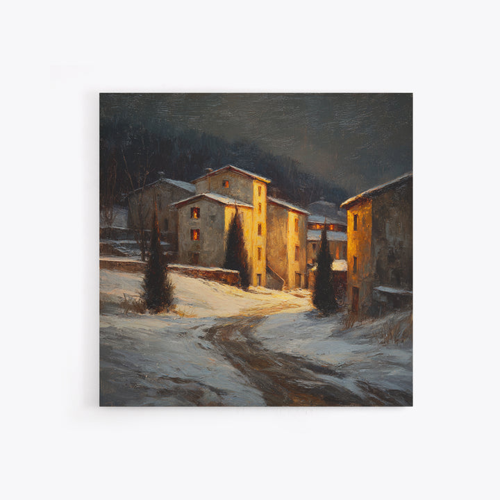Snowy Village Landscape at Twilight Framed Canvas Print, Traditional Art, Furry Art, Living Room Decor, Fine Art, Classic, TRA-1x1-43