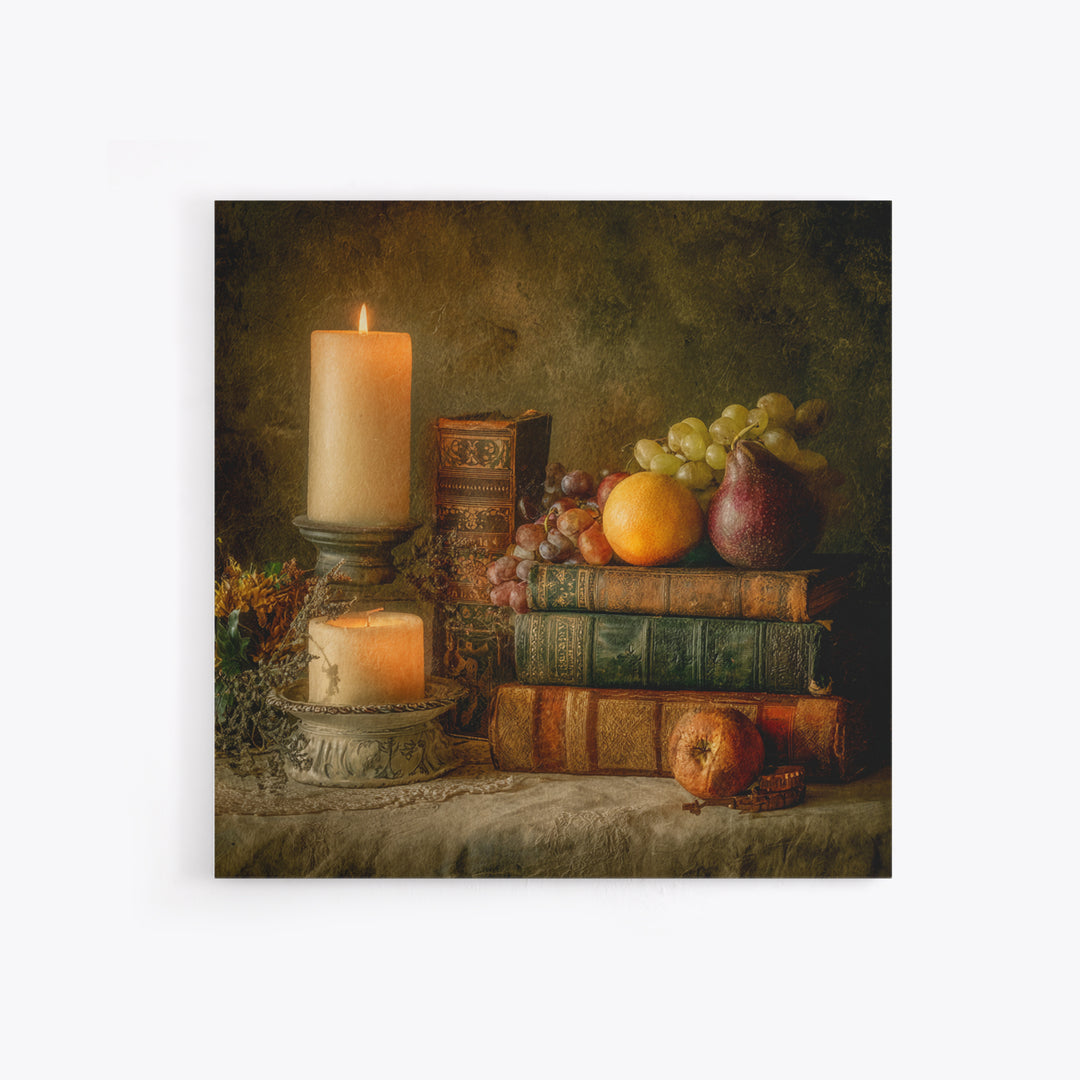 Still Life of Books Candle and Fruit Framed Canvas Print, Traditional Art, Boho, Living Room Decor, Fine Art, Classic, TRA-1x1-44