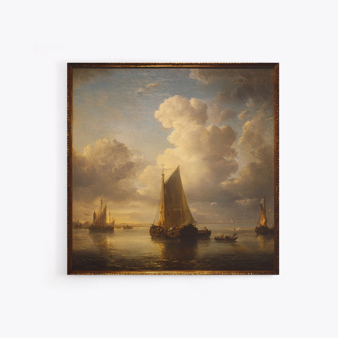 Seascape with Sailboats and Cloudy Sky Framed Canvas Print, Traditional Art, Textured Painting, Living Room Decor, Classic, TRA-1x1-53