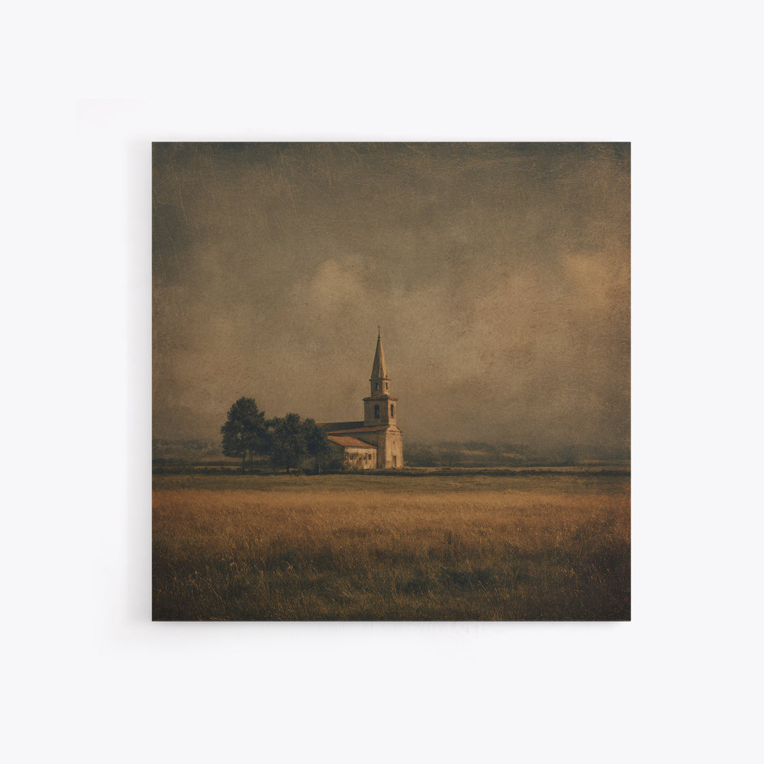 Church Steeple Across Rural Meadow Framed Canvas Print, Traditional Art, Boho Decor, Living Room Decor, Fine Art, Classic, TRA-1x1-61