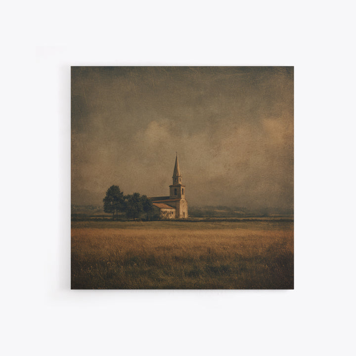 Church Steeple Across Rural Meadow Framed Canvas Print, Traditional Art, Boho Decor, Living Room Decor, Fine Art, Classic, TRA-1x1-61