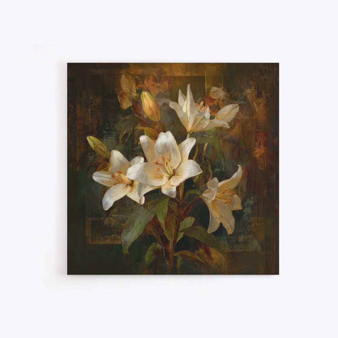 White Lilies on Dark Background Framed Canvas Print, Traditional Art, Neutral Decor, Living Room Decor, Fine Art, Classic, TRA-1x1-63
