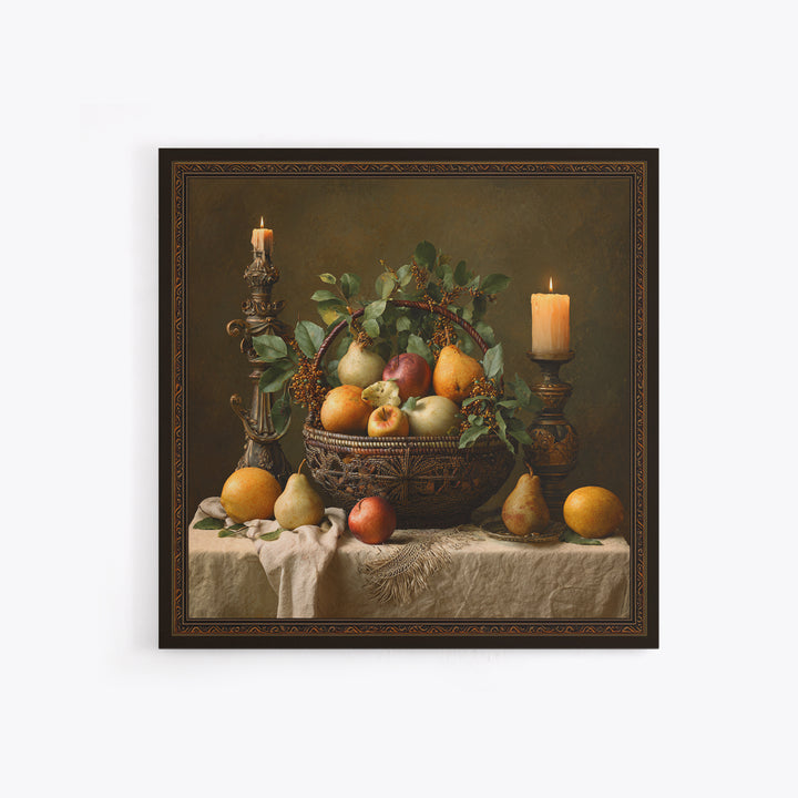 Basket of Apples and Pears on Linen Framed Canvas Print, Traditional Art, Landscape, Living Room Decor, Fine Art, Classic, TRA-1x1-66