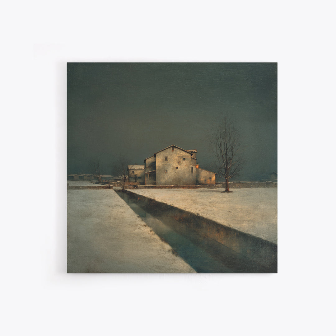 Snowy Village Landscape at Twilight Framed Canvas Print, Traditional Art, Modern Decor, Living Room Decor, Fine Art, Classic, TRA-1x1-67