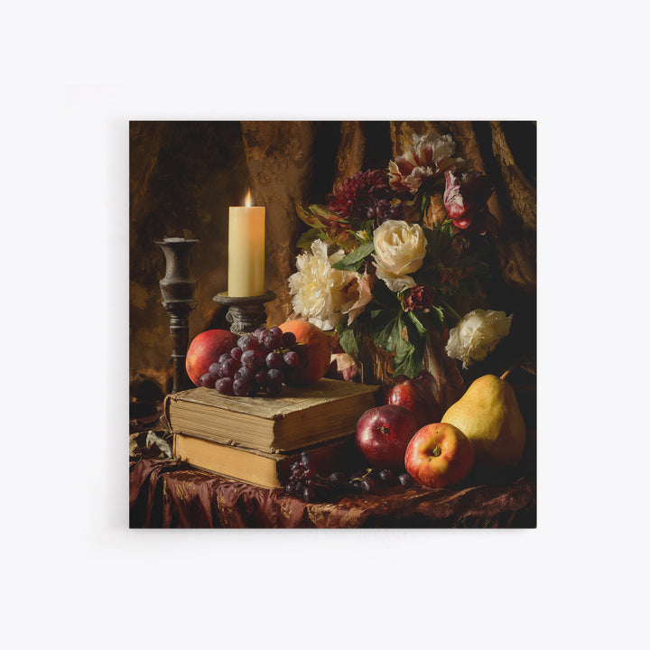 Still Life of Books Candle and Fruit Framed Canvas Print, Traditional Art, Watercolor Art, Living Room Decor, Fine Art, Classic, TRA-1x1-68