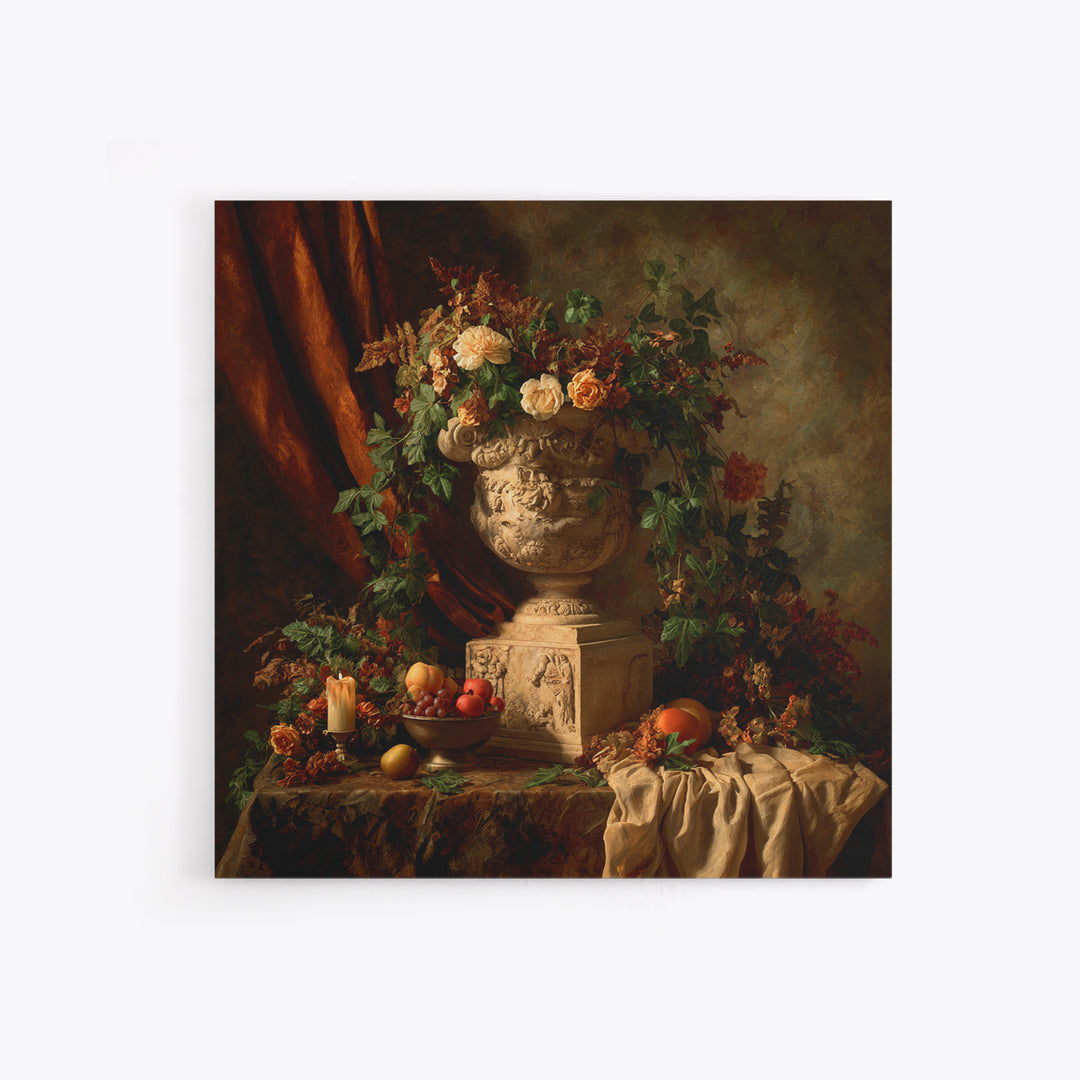 Garden Urn with Roses and Ivy Framed Canvas Print, Traditional Art, Landscape, Living Room Decor, Fine Art, Classic, TRA-1x1-72