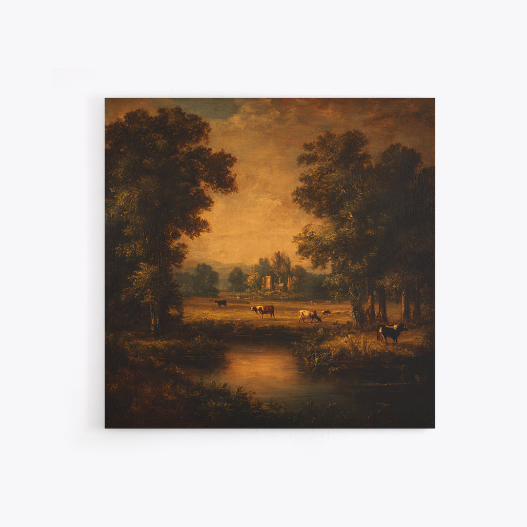 Pastoral Countryside with Cows in Field Framed Canvas Print, Traditional Art, Boho Decor, Living Room Decor, Oil Painting, TRA-1x1-79