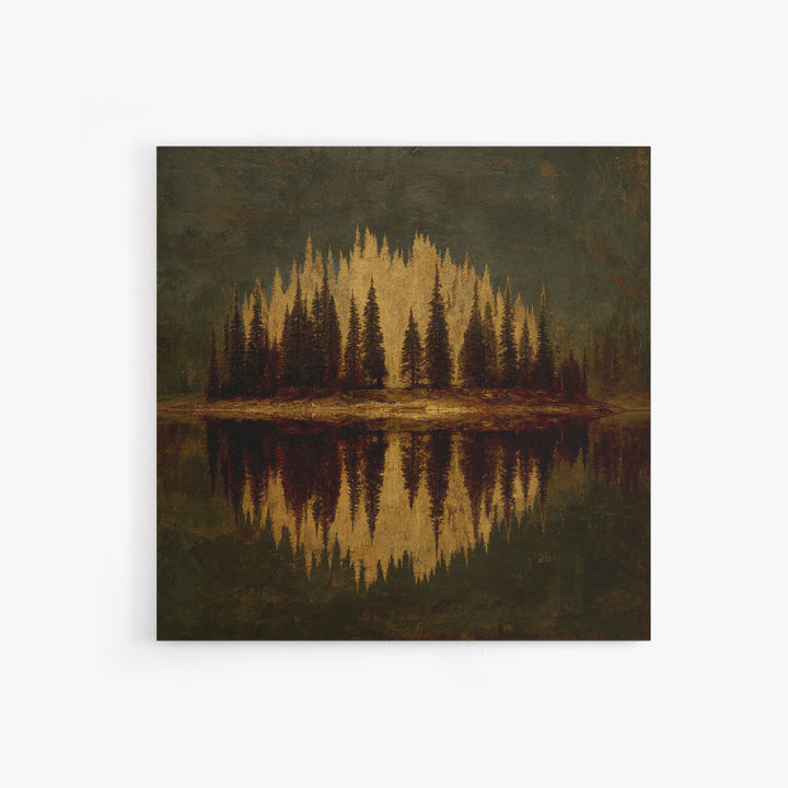 Mountain Lake with Pine Forest Reflection Canvas Print, Traditional Art, Art, Living Room Decor, Oil Painting, Classic, TRA-1x1-81