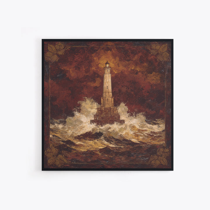 Lighthouse with Crashing Waves Framed Canvas Print, Traditional Art, Wall Art, Living Room Decor, Oil Painting, Classic, TRA-1x1-93