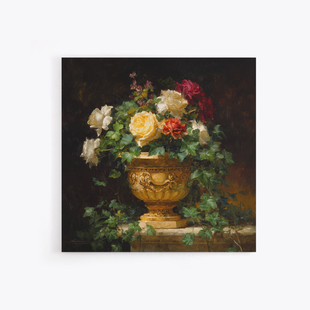 Garden Urn with Roses and Ivy Framed Canvas Print, Traditional Art, Decor, Living Room Decor, Fine Art, Classic, Japanese Art, TRA-1x1-96