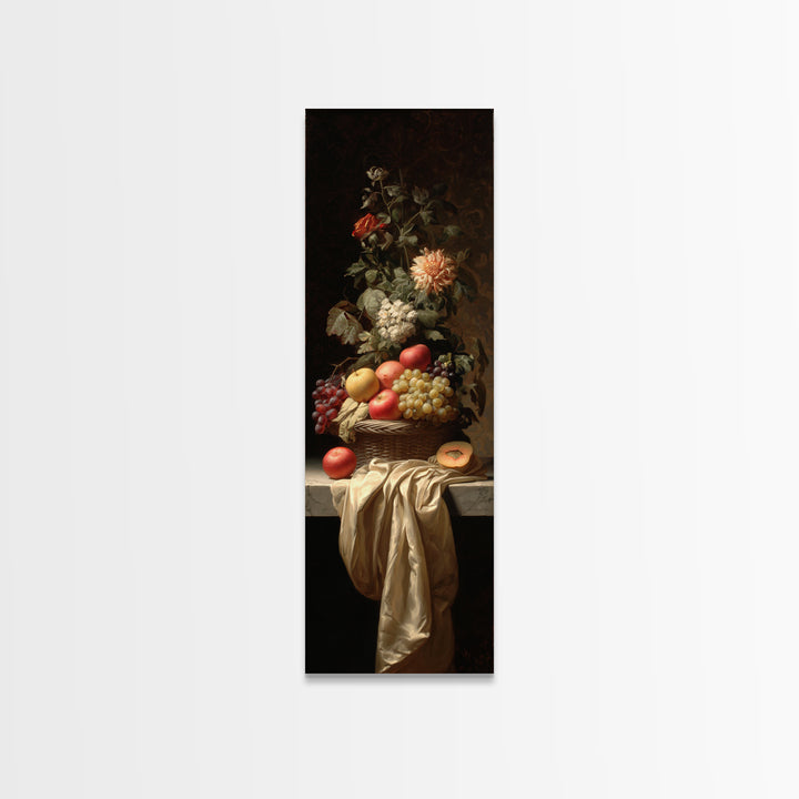 Basket of Apples and Pears on Linen Framed Canvas Print, Traditional Art, Dark Art, Living Room Decor, Abstract Art, Classic, TRA-1x3-30