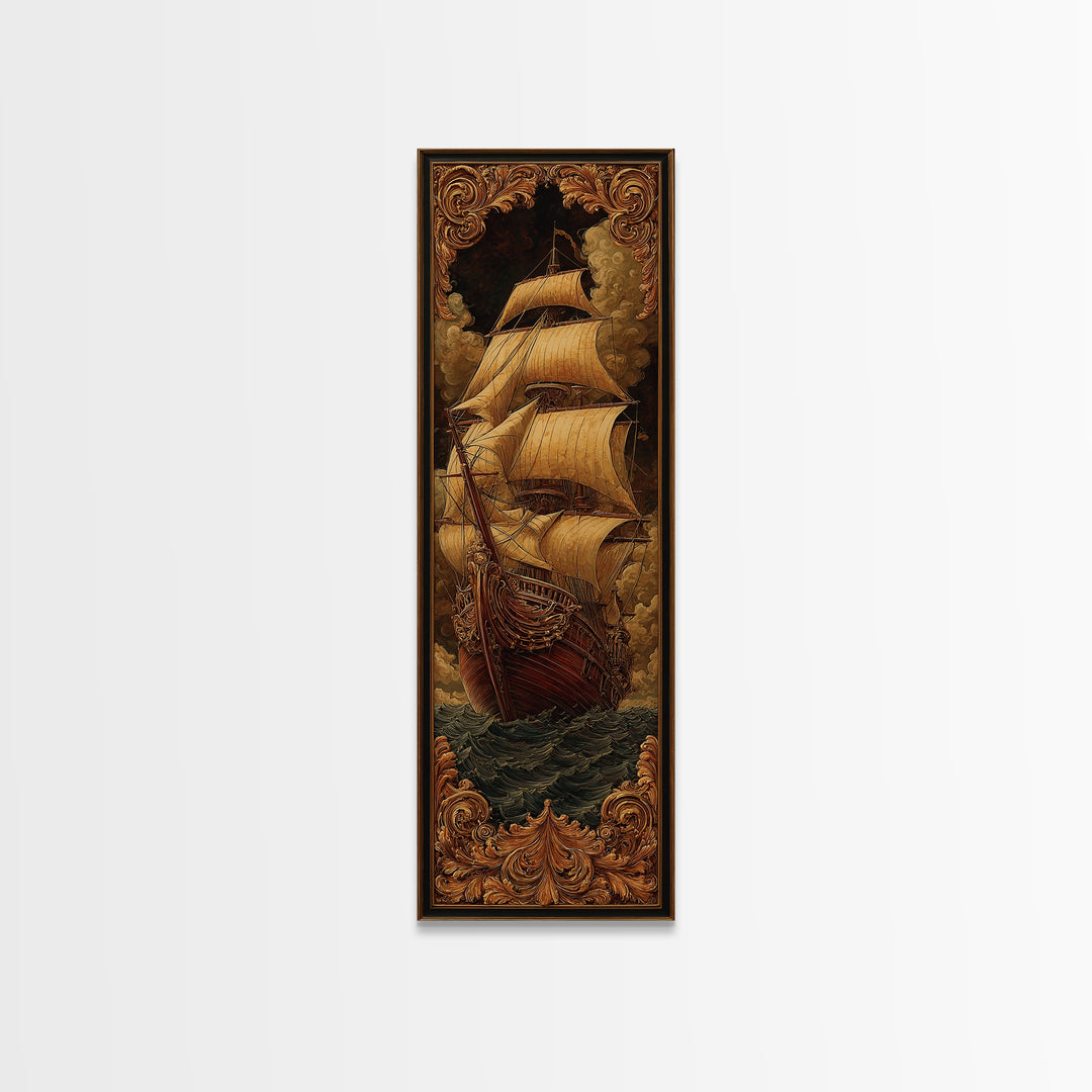 Ship at Sea Framed Canvas Print, Traditional Art, Fine Art Print, Living Room Decor, Fine Art, Classic, Wall Decor, Painting, TRA-1x3-50