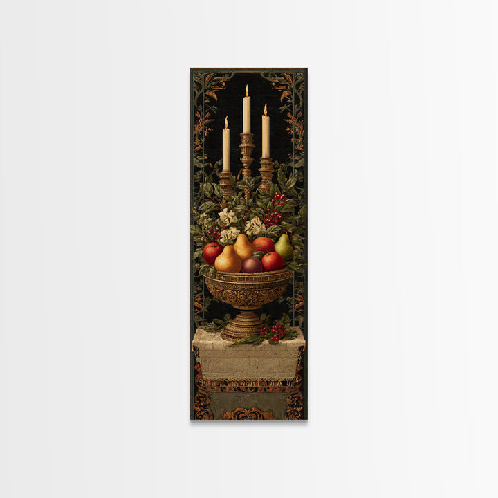 Basket of Apples and Pears on Linen Framed Canvas Print, Traditional Art, Dark Art, Living Room Decor, Abstract Art, Classic, TRA-1x3-54