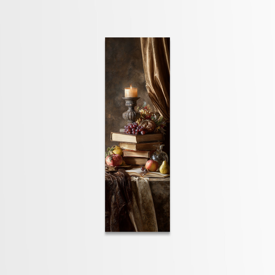Still Life of Books Candle and Fruit Framed Canvas Print, Traditional Art, Contemporary Art, Living Room Decor, Classic, TRA-1x3-8