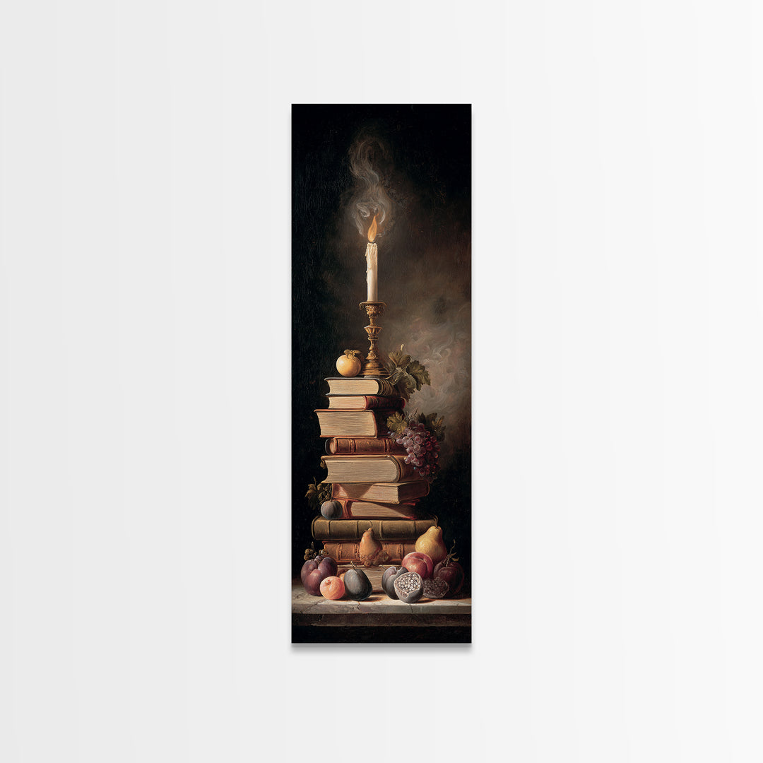 Still Life of Books Candle and Fruit Framed Canvas Print, Traditional Art, Watercolor Art, Living Room Decor, Fine Art, Classic, TRA-1x3-80