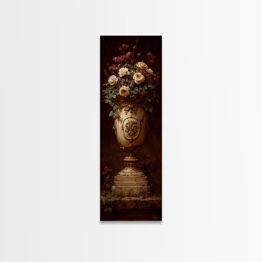 Garden Urn with Roses and Ivy Framed Canvas Print, Traditional Art, Art Commissions, Living Room Decor, Oil Painting, Classic, TRA-1x3-84