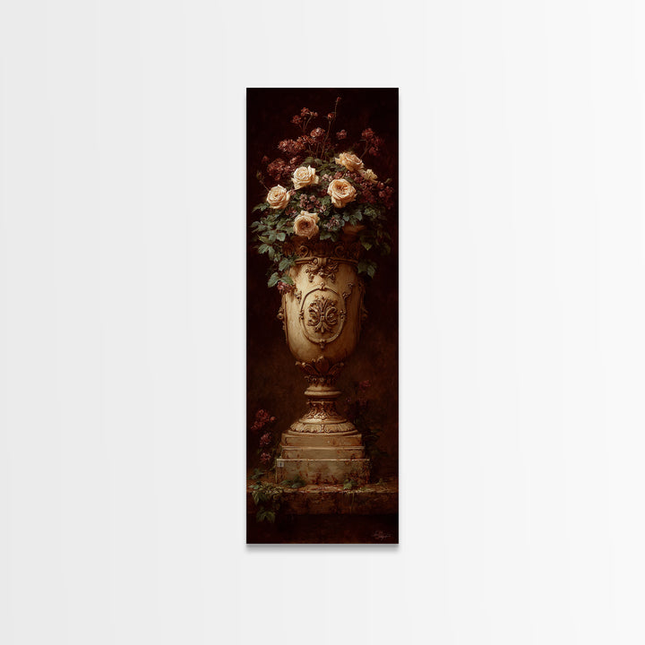 Garden Urn with Roses and Ivy Framed Canvas Print, Traditional Art, Art Commissions, Living Room Decor, Oil Painting, Classic, TRA-1x3-84