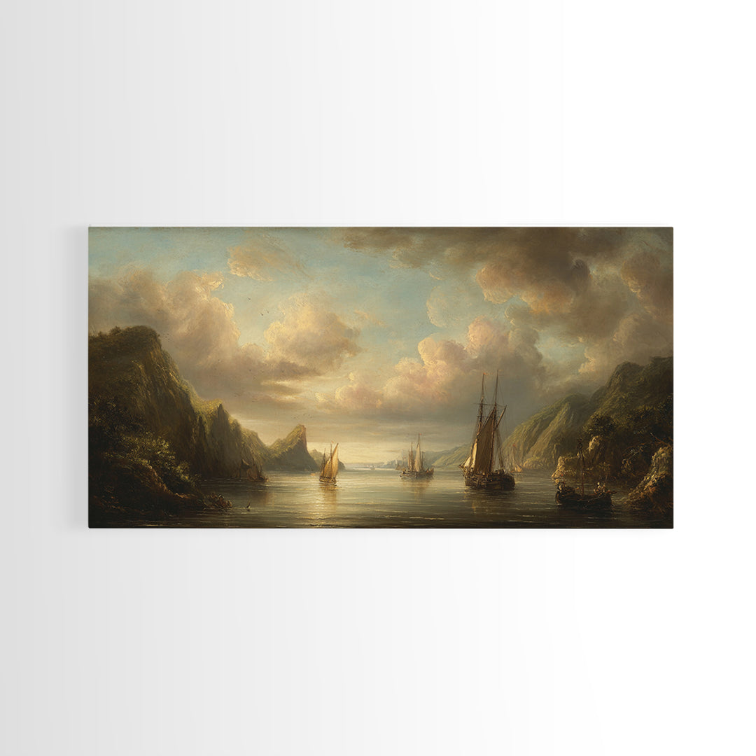 Seascape with Sailboats and Cloudy Sky Framed Canvas Print, Traditional Art, Digital Art, Living Room Decor, Fine Art, Classic, TRA-2x1-1