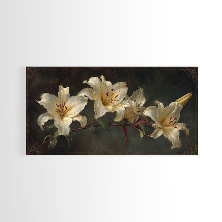 White Lilies on Dark Background Framed Canvas Print, Traditional Art, Custom Art, Living Room Decor, Fine Art, Classic, TRA-2x1-11