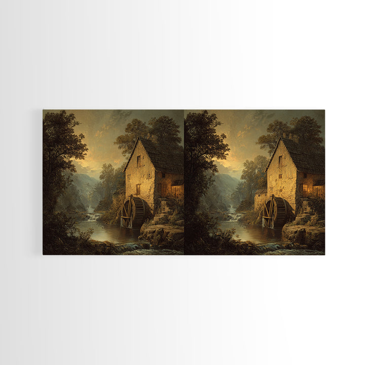 Watermill Beside a Quiet Stream Framed Canvas Print, Traditional Art, Painting, Living Room Decor, Fine Art, Classic, TRA-2x1-13