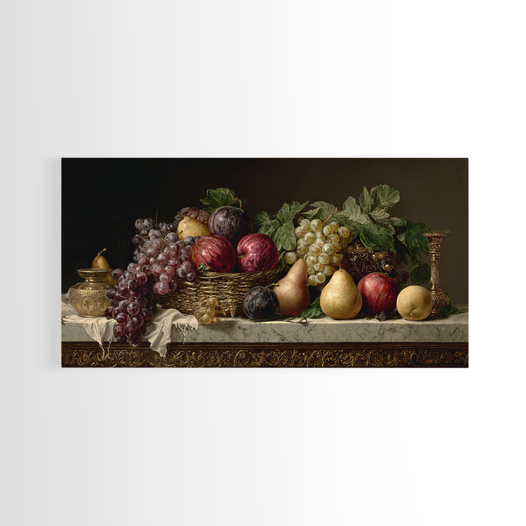 Basket of Apples and Pears on Linen Framed Canvas Print, Traditional Art, Luxury Decor, Living Room Decor, Abstract Art, TRA-2x1-14