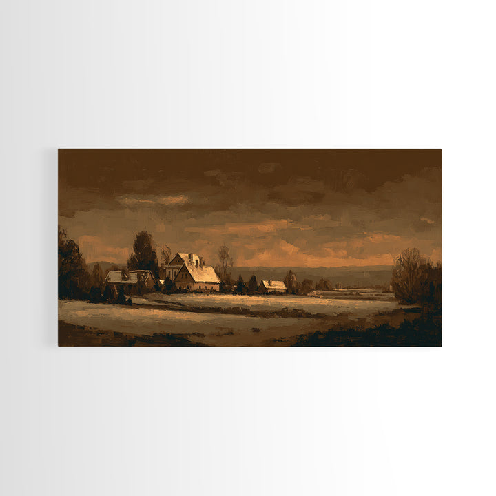 Snowy Village Landscape at Twilight Framed Canvas Print, Traditional Art, Living Room Decor, Watercolor Art, Classic, TRA-2x1-15